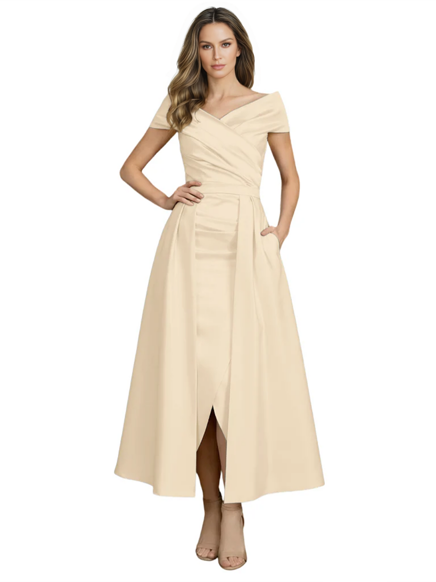 Formal Floor-Length Mother of the Bride Gown Satin Maxi Dress with Slit Off Shoulder