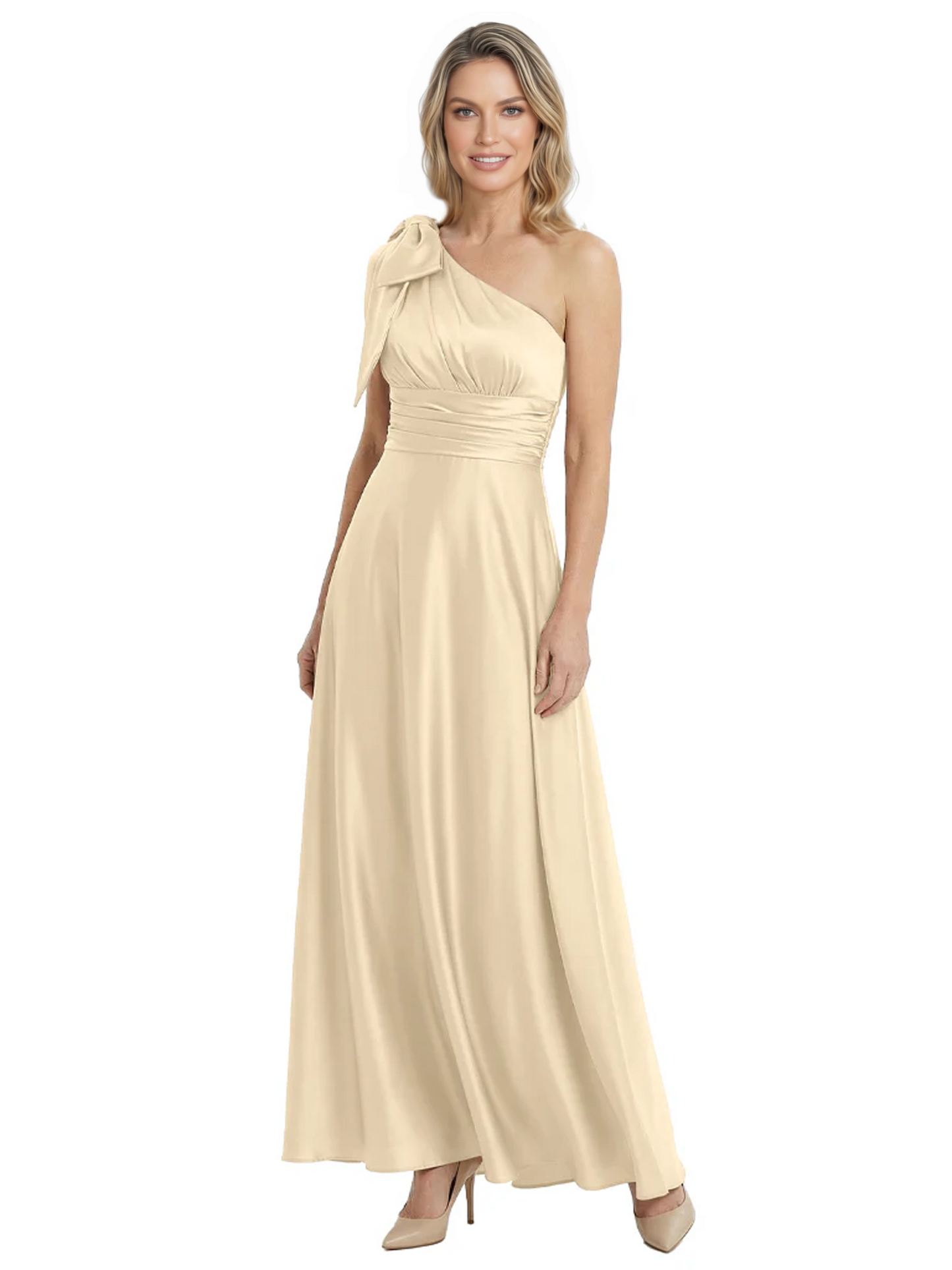 One-Shoulder Mother of the Bride Dress Satin Gown with Bow Ruched Empire Waist