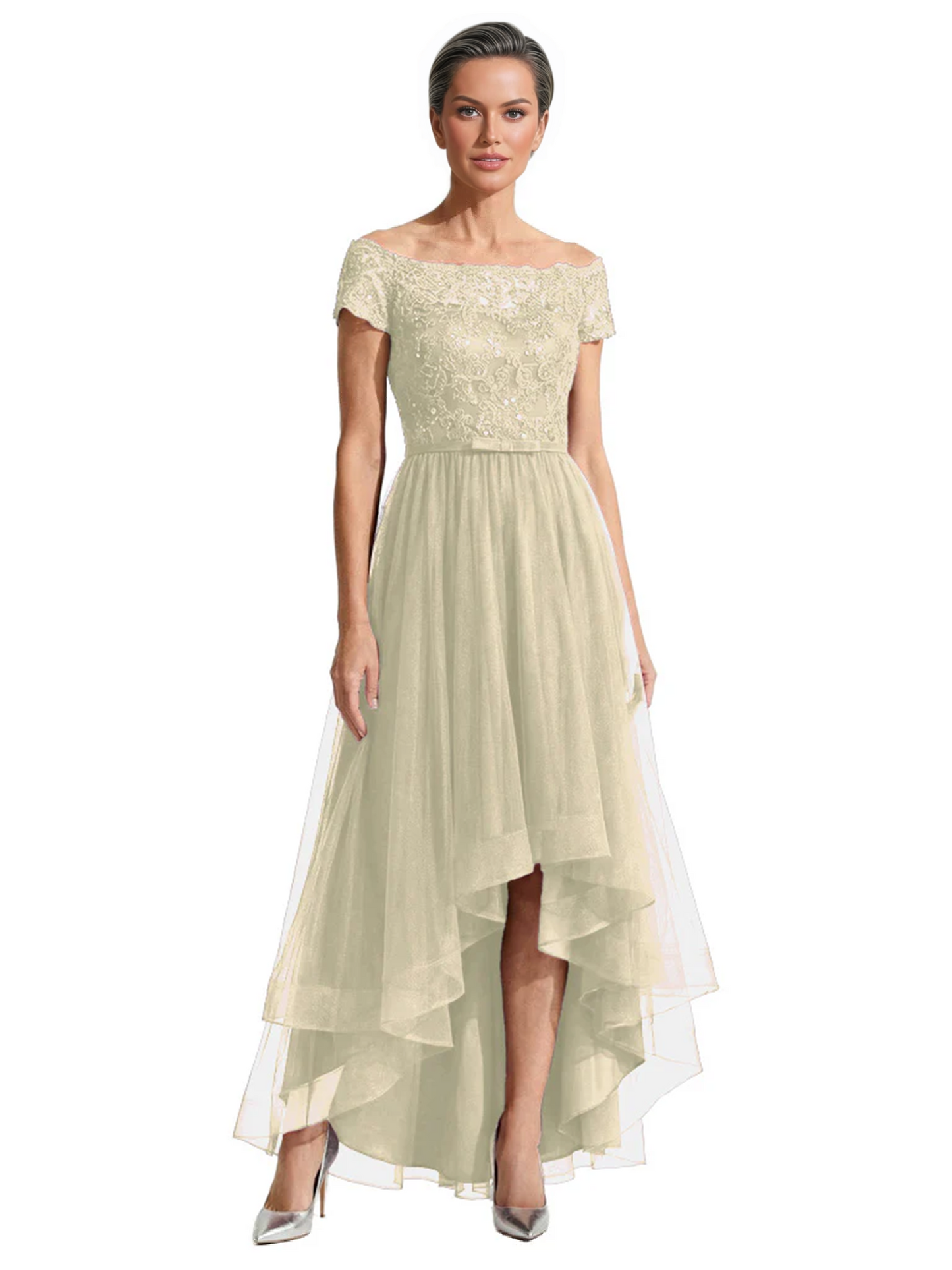 Formal High-Low Mother of the Bride Gown Short Sleeve Lace Maxi Dress with Tiered Skirt