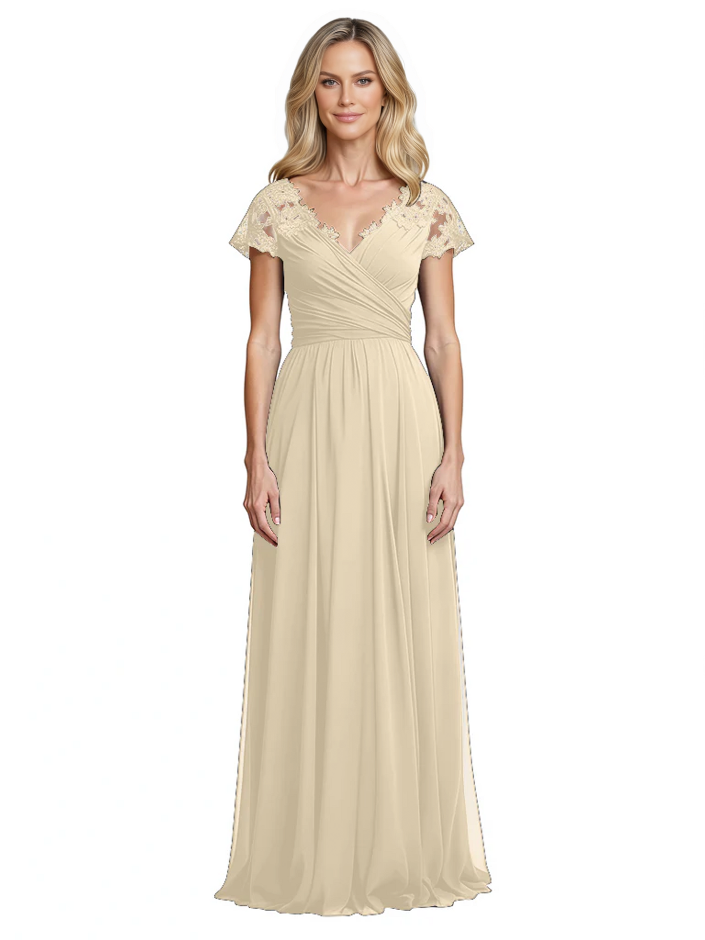 Mother of the Bride Dress Cap Sleeves and V-Neckline with Embroidered Lace Shoulders