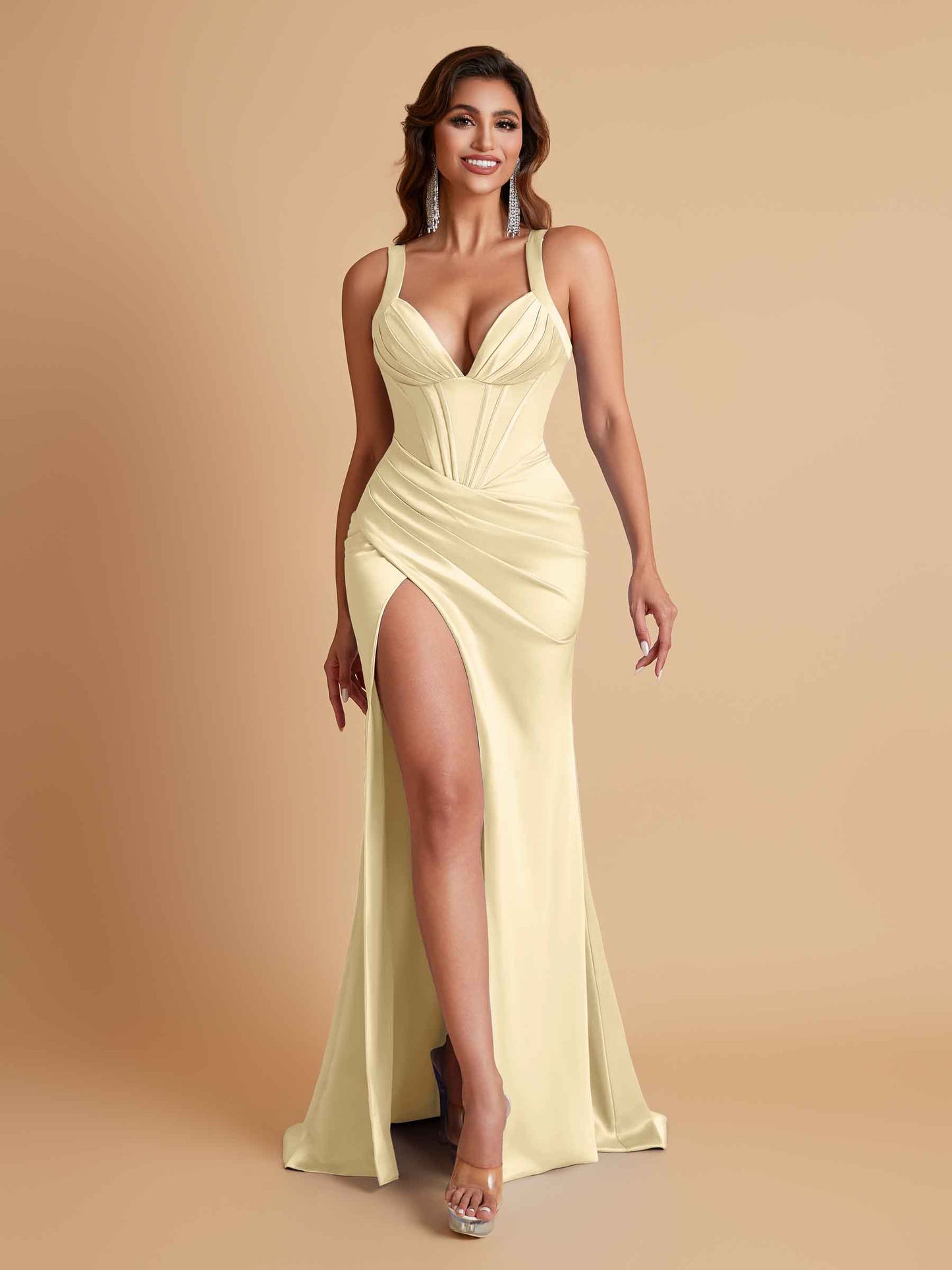 Stunning V Neck Soft Satin Side Slit Floor-Length Mermaid Bridesmaid Dresses