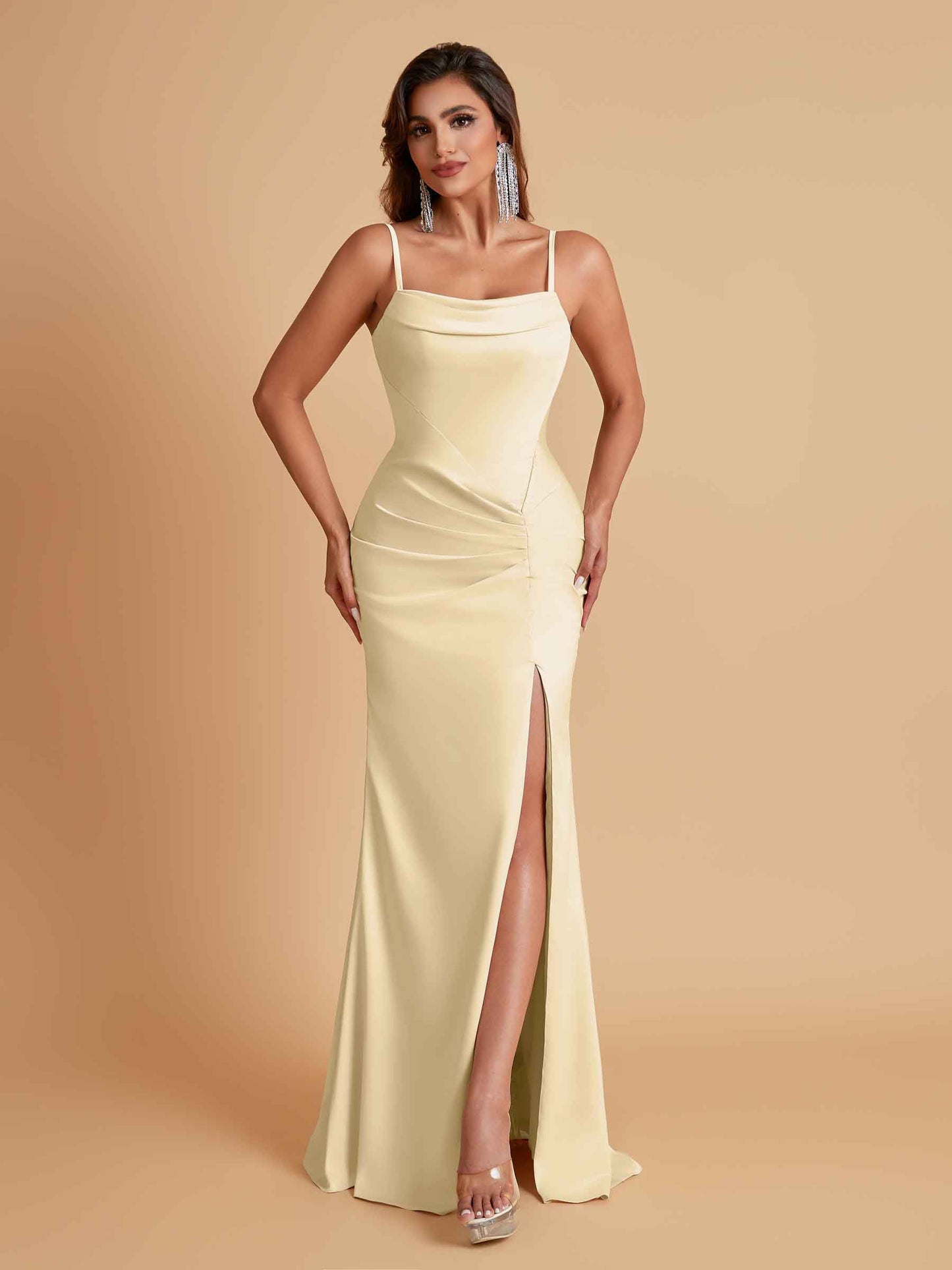 Gorgeous Spaghetti Straps Soft Satin Side Slit Floor-Length Mermaid Bridesmaid Dresses