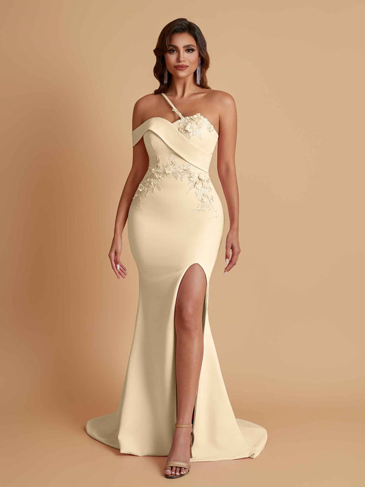 Sexy Soft Satin Mermaid One Shoulder Asymmetrical Side Slit Floor-Length Bridesmaid Dresses
