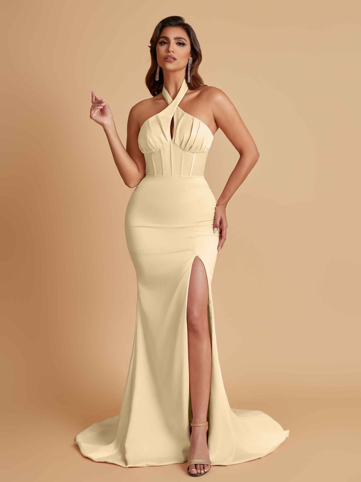 Elegant Soft Satin Mermaid Halter Side Slit Floor-Length Bridesmaid Dresses Online