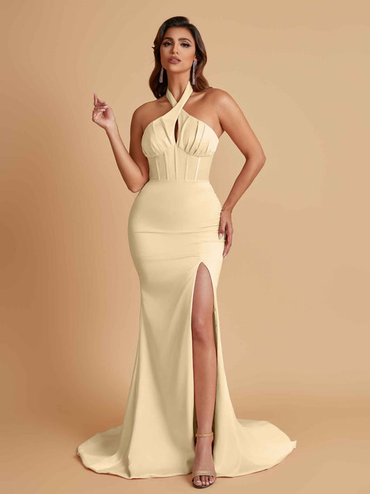Elegant Soft Satin Mermaid Halter Side Slit Floor-Length Bridesmaid Dresses Online