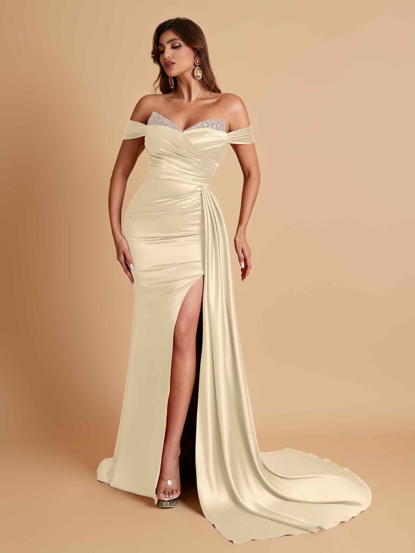 Gorgeous Soft Satin V-neck Off-the-Shoulder Side-Slit Mermaid Bridesmaid Dresses