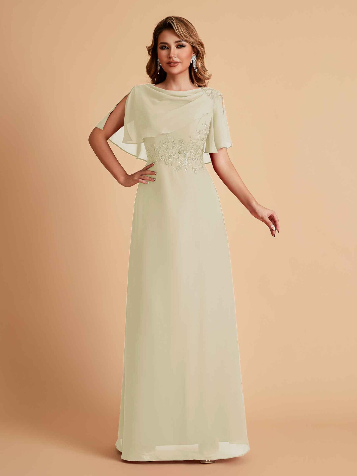 Elegant A-Line Chiffon Half Sleeves Jewel Mother of the Brides Dresses Online