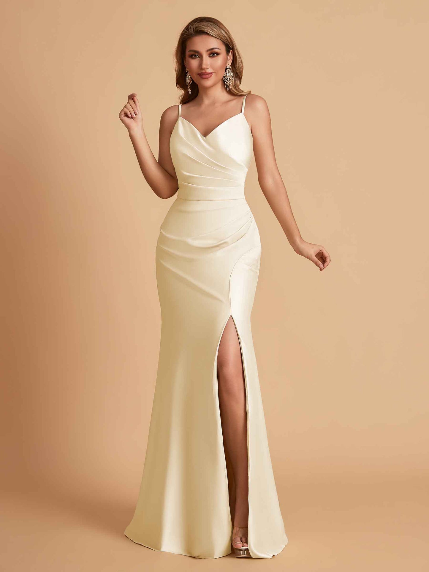 Elegant Satin Spaghetti Straps Mermaid Side Slit Floor Length Bridesmaid Dresses