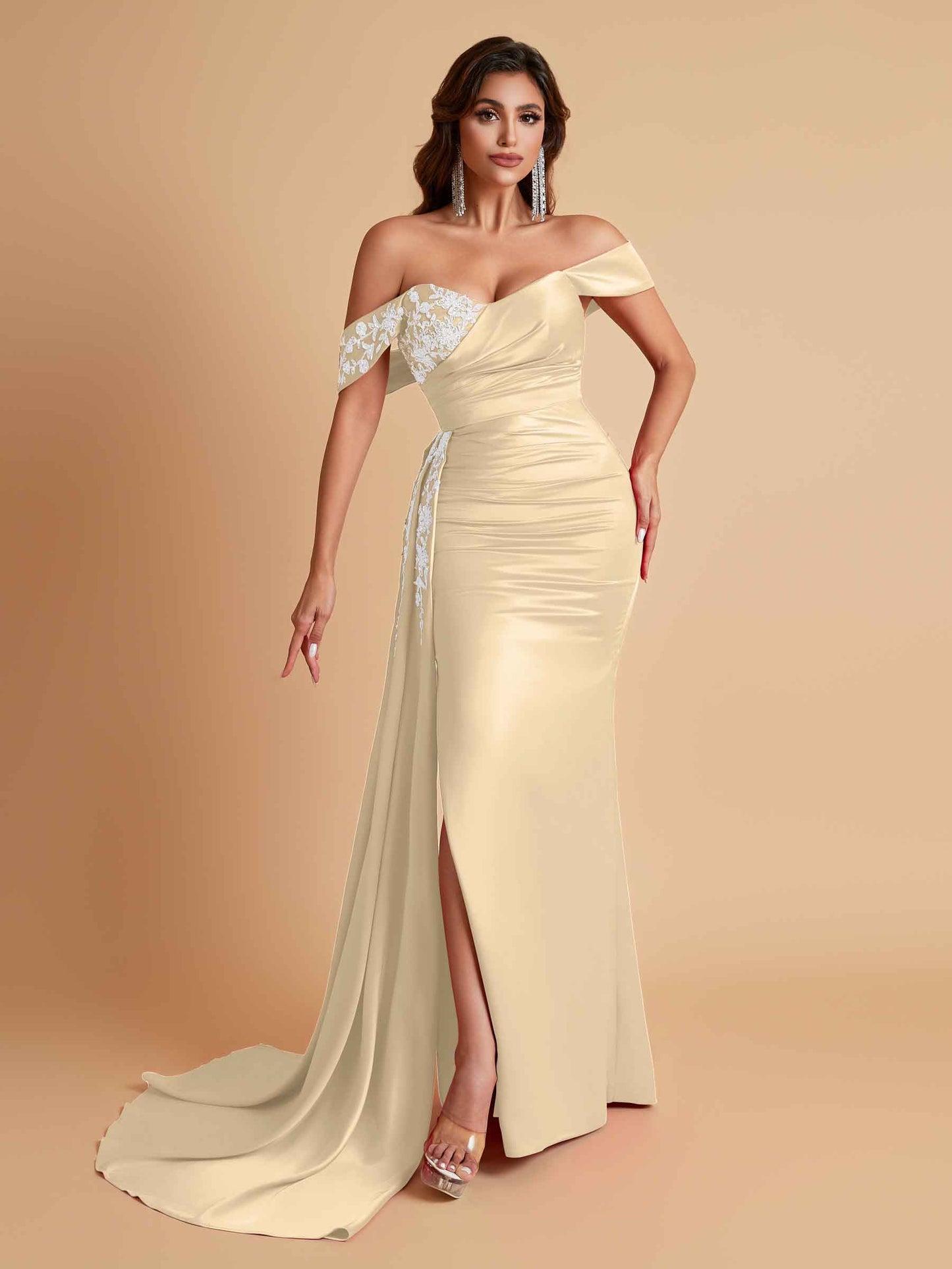 Elegant Soft Satin Mermaid Off Shoulder Floor-Length Mermaid Bridesmaid Dresses