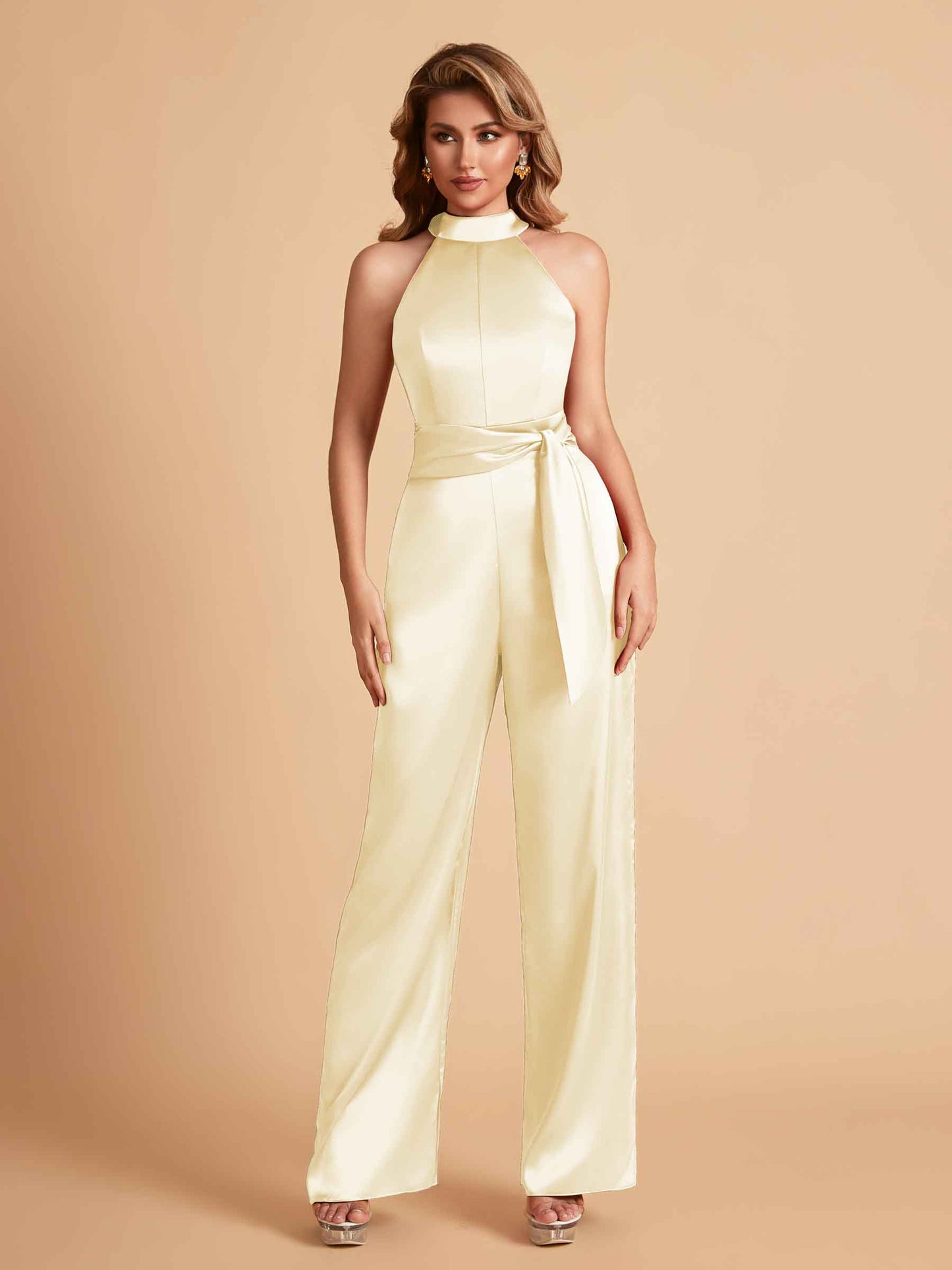 Elegant Satin Halter Sleeveless Satin Floor Length Bridesmaid Jumpsuit