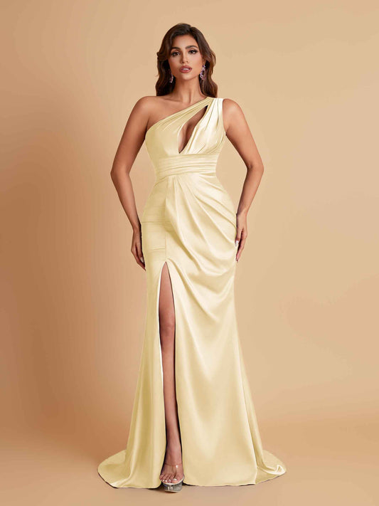 Sexy One Shoulder Soft Satin Side Slit Floor-Length Mermaid Bridesmaid Dresses