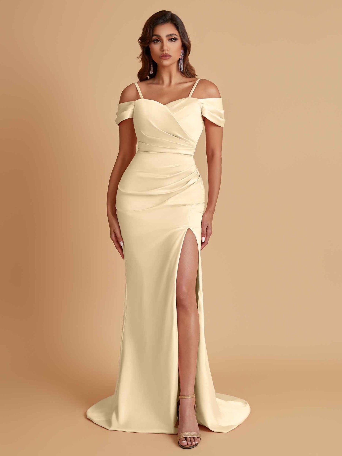 Sexy Soft Satin Mermaid Cold Shoulder Side Slit Floor-Length Bridesmaid Dresses Online