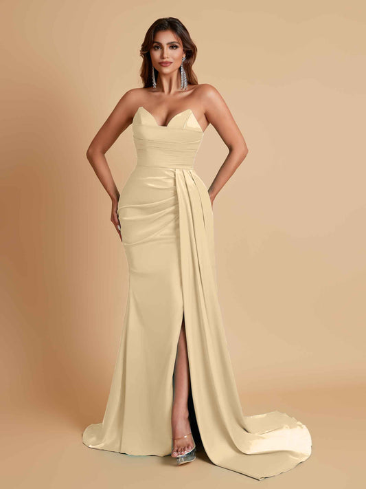 Gorgeous Strapless Soft Satin Side Slit Floor-Length Mermaid Bridesmaid Dresses