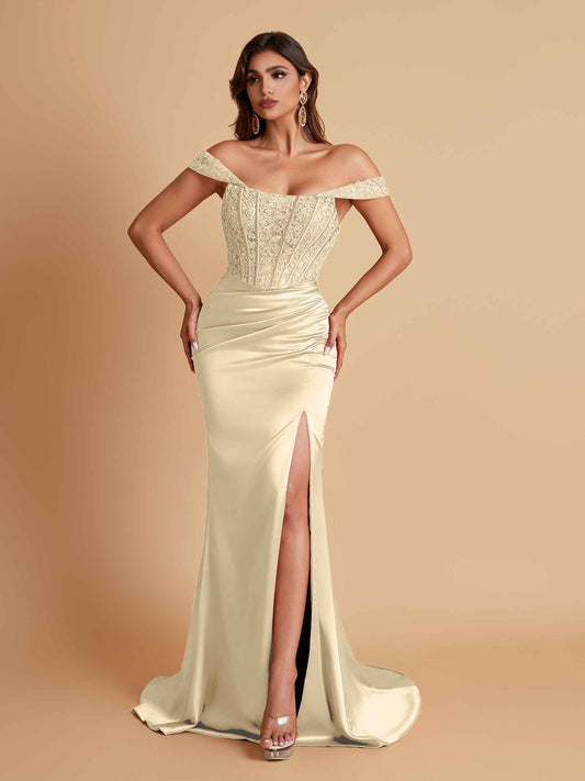 Sexy Soft Satin V-neck Off-the-shoulder Strapless Side-Slit Mermaid Bridesmaid Dresses