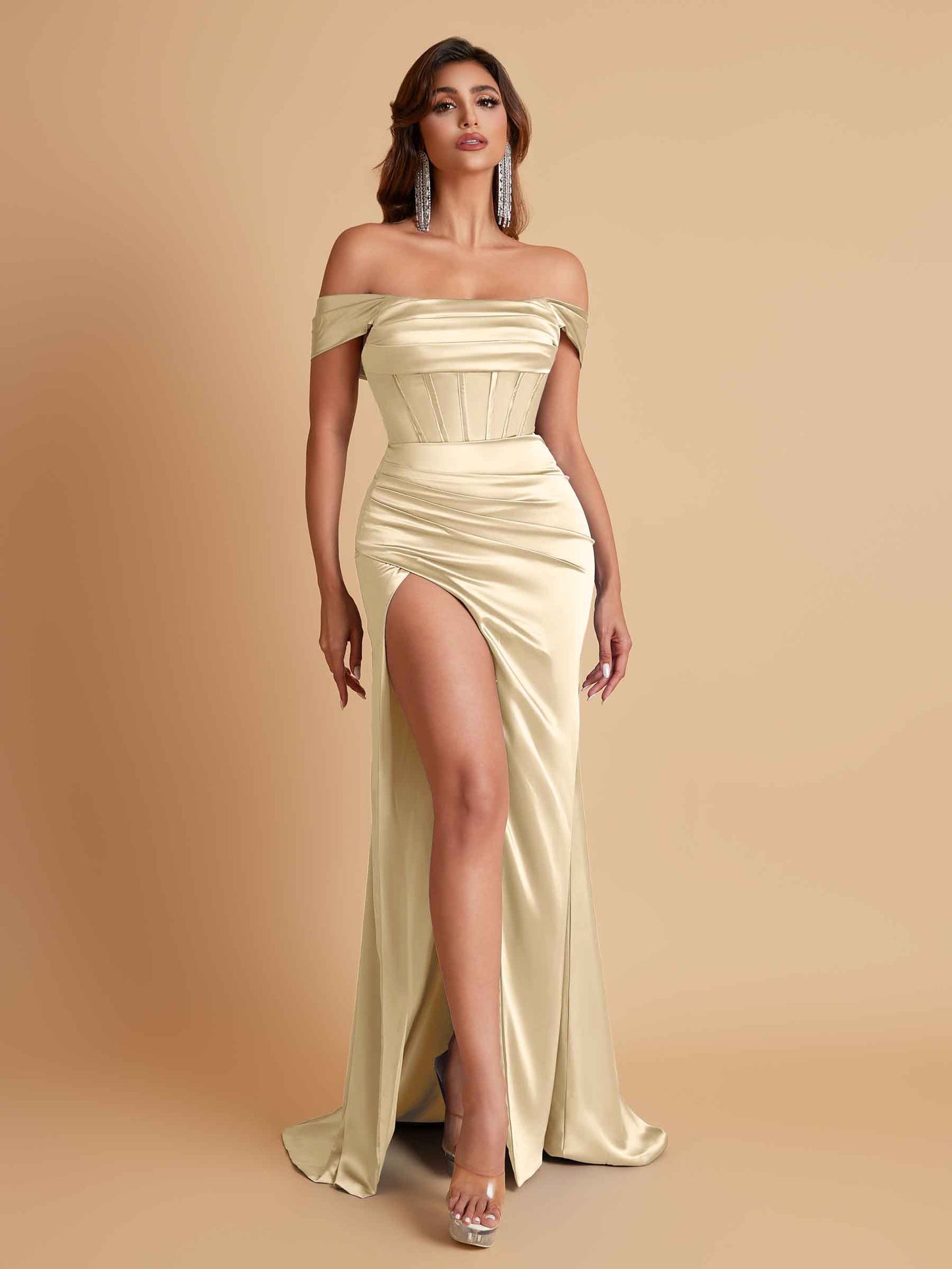 Sexy Off the Shoulder Soft Satin Side Slit Floor-Length Mermaid Bridesmaid Dresses
