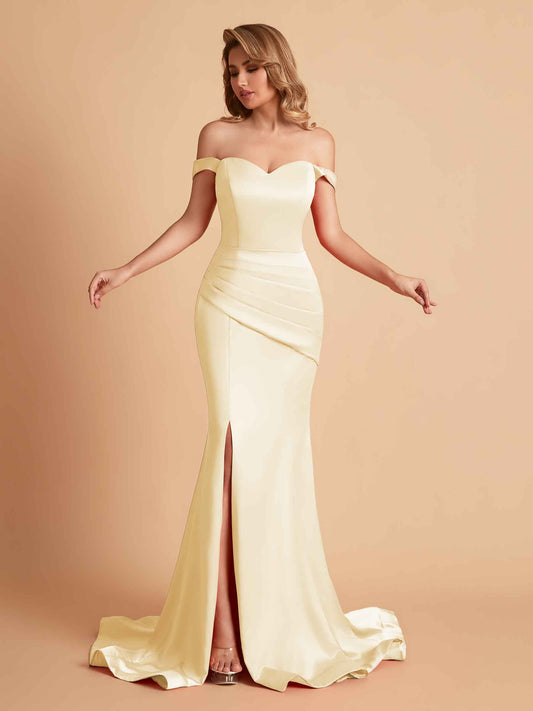 Elegant Satin Off the Shoulder Mermaid Side Slit Floor Length Bridesmaid Dresses