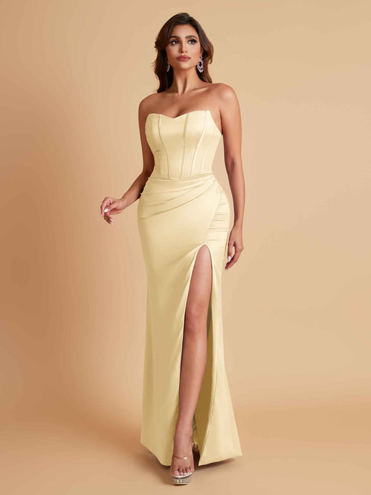 Sexy Strapless Soft Satin Side Slit Floor-Length Mermaid Bridesmaid Dresses
