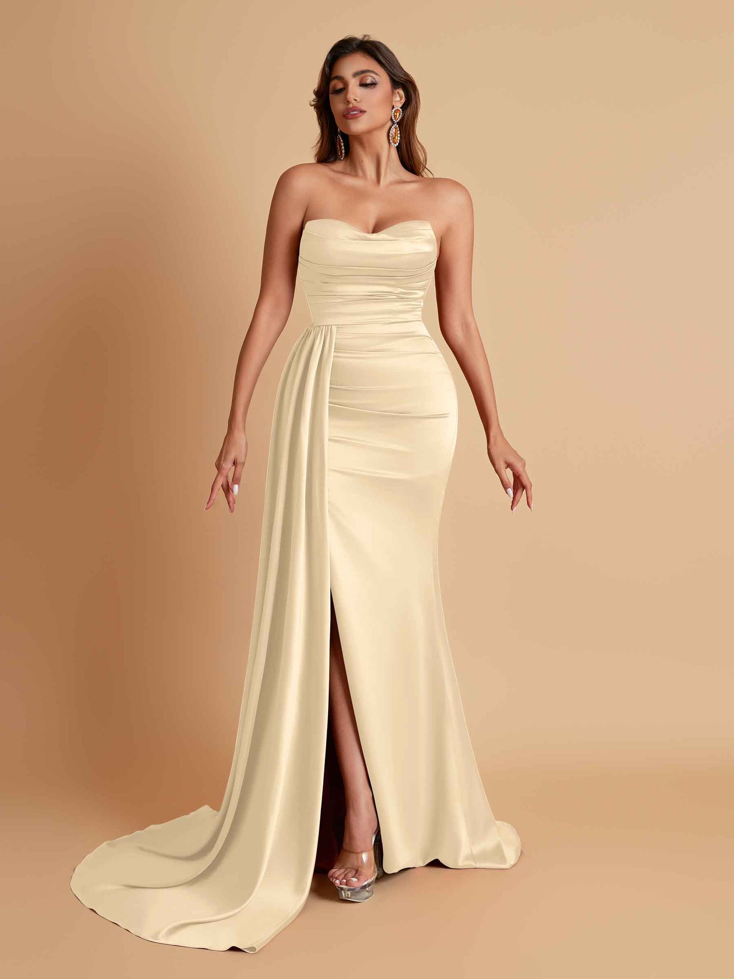 Elegant Soft Satin Sweetheart Strapless Side-Slit Mermaid Bridesmaid Dresses