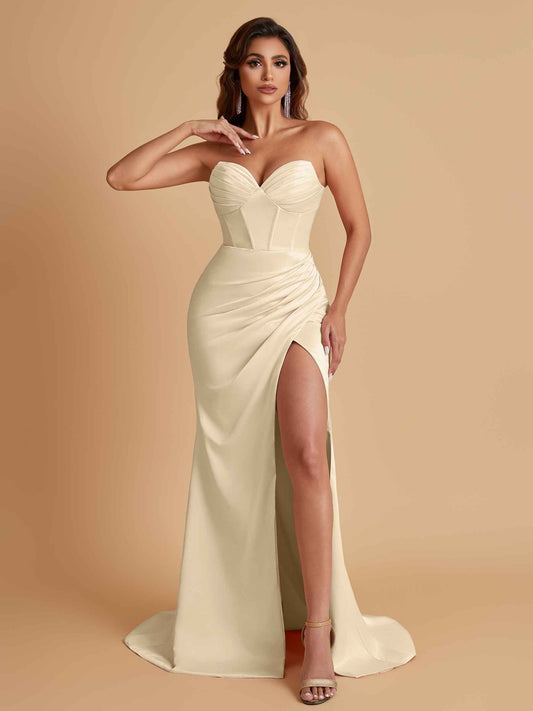 Elegant Soft Satin Mermaid V-neck Side Slit Floor-Length Bridesmaid Dresses Online