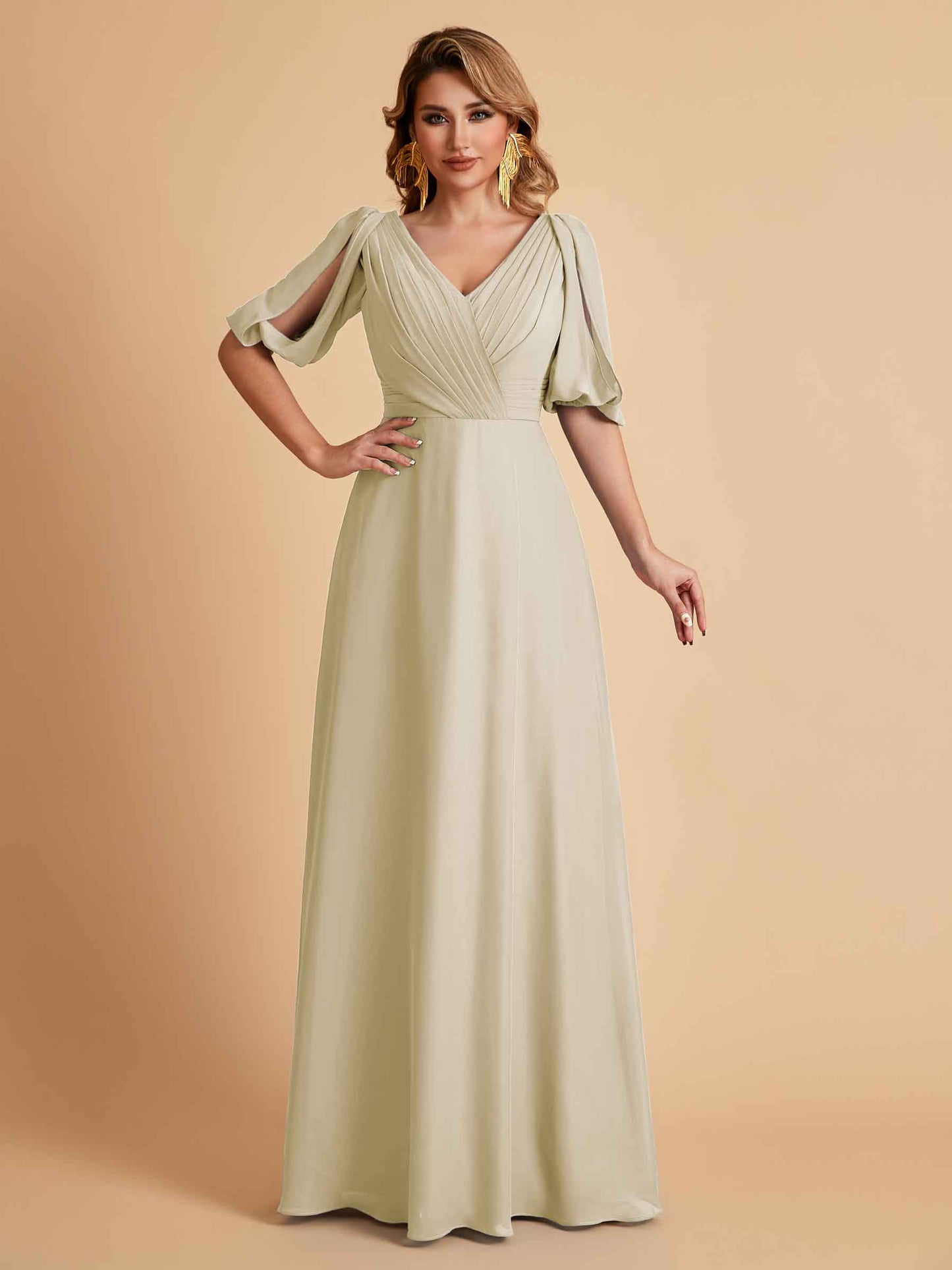 Elegant A-Line Chiffon Half Sleeves V-Neck Mother of the Brides Dresses Online