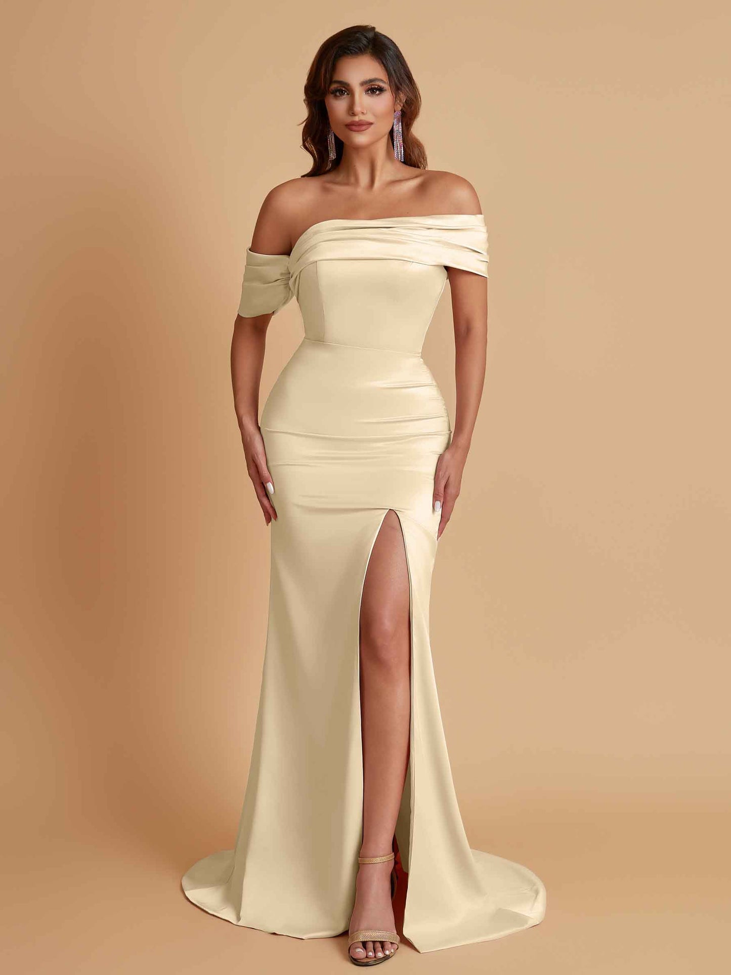 Elegant Soft Satin Mermaid Off Shoulder Asymmetrical Side Slit Floor-Length Bridesmaid Dresses