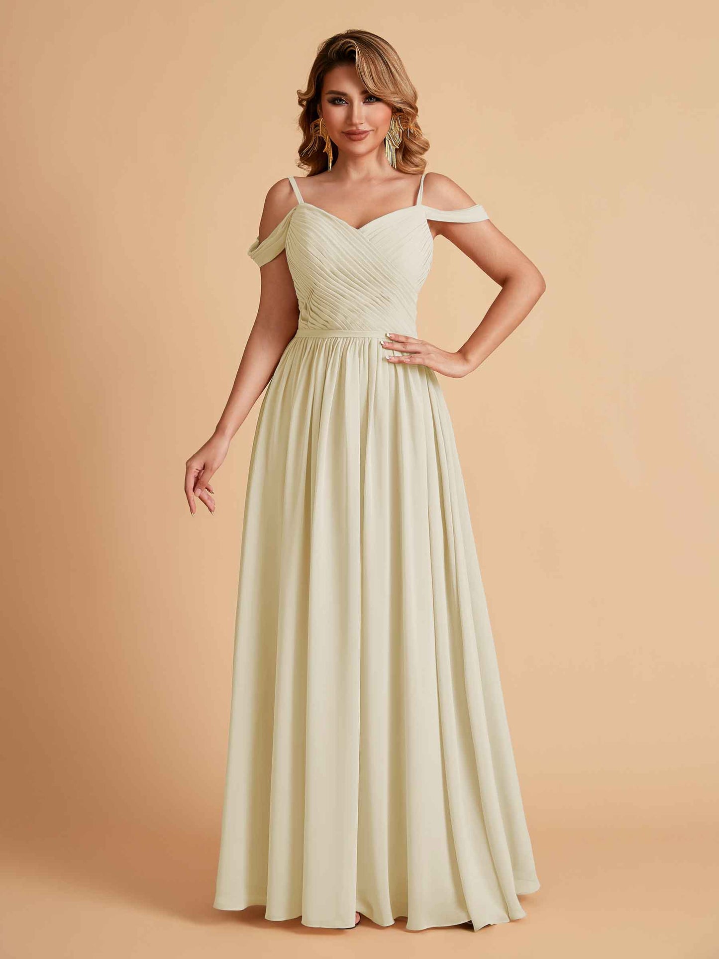 Elegant A-line Chiffon Off The Shoulder V-Neck Bridesmaid Dresses Online