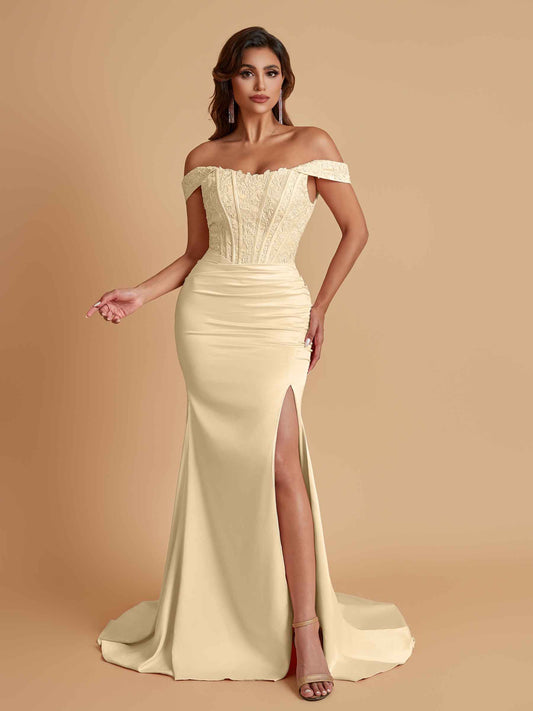 Elegant Soft Satin Mermaid Off Shoulder Side Slit Floor-Length Mermaid Bridesmaid Dresses