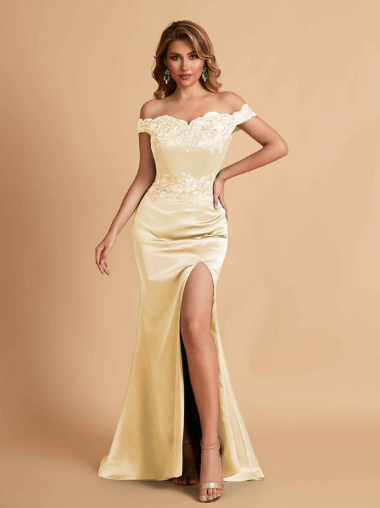 Elegant Satin Off Shoulder Mermaid Side Slit Floor Length Bridesmaid Dresses
