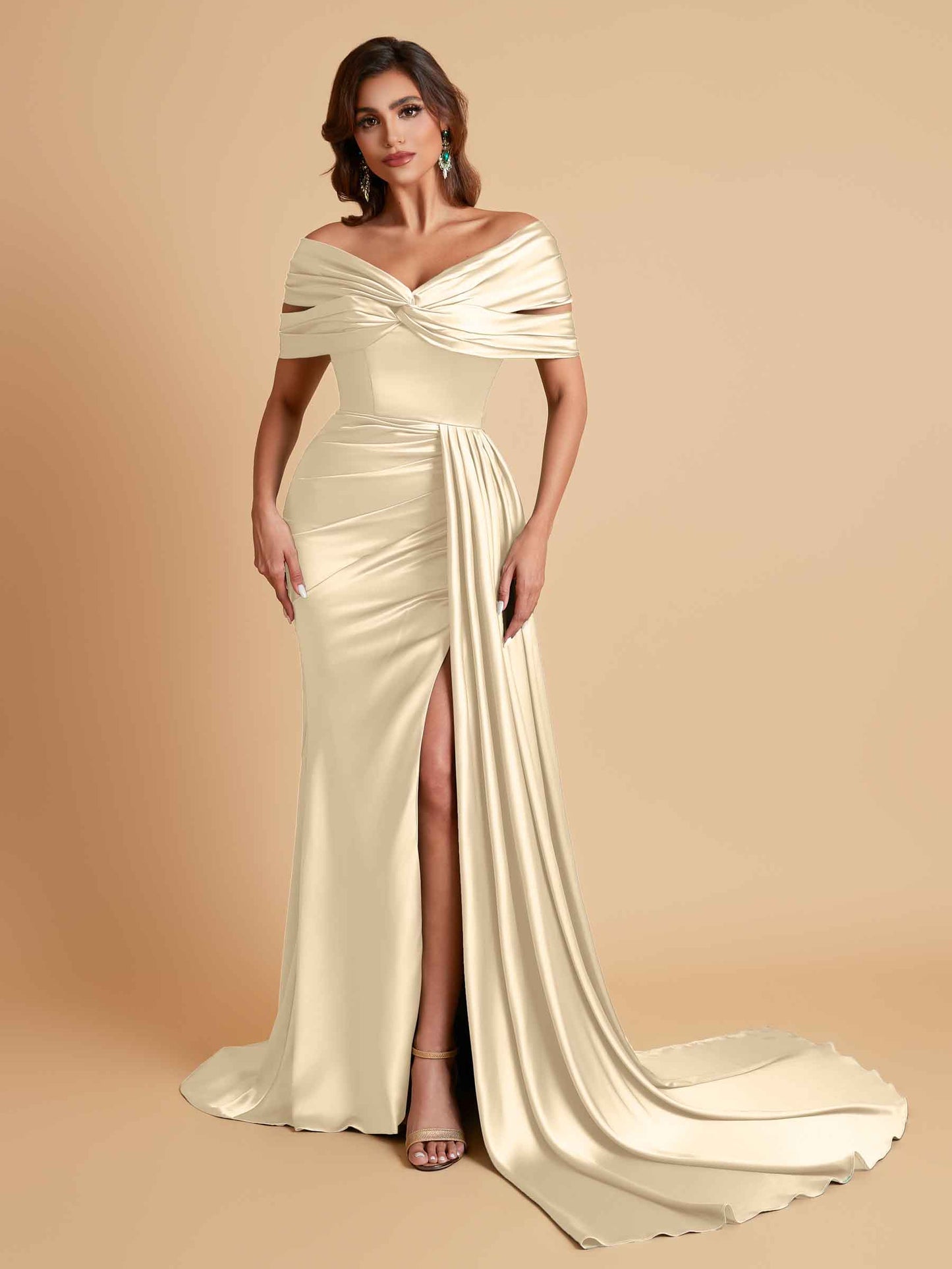 Elegant Soft Satin V-neck Off-the-Shoulder Side-Slit Mermaid Bridesmaid Dresses