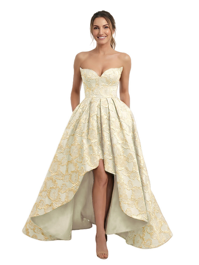 Elegant Floral Jacquard Sweetheart High-Low A-Line Long Formal Evening Dresses