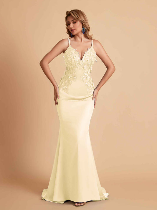 Sexy Satin Spaghetti Straps V-neck Mermaid Floor Length Applique Bridesmaid Dresses