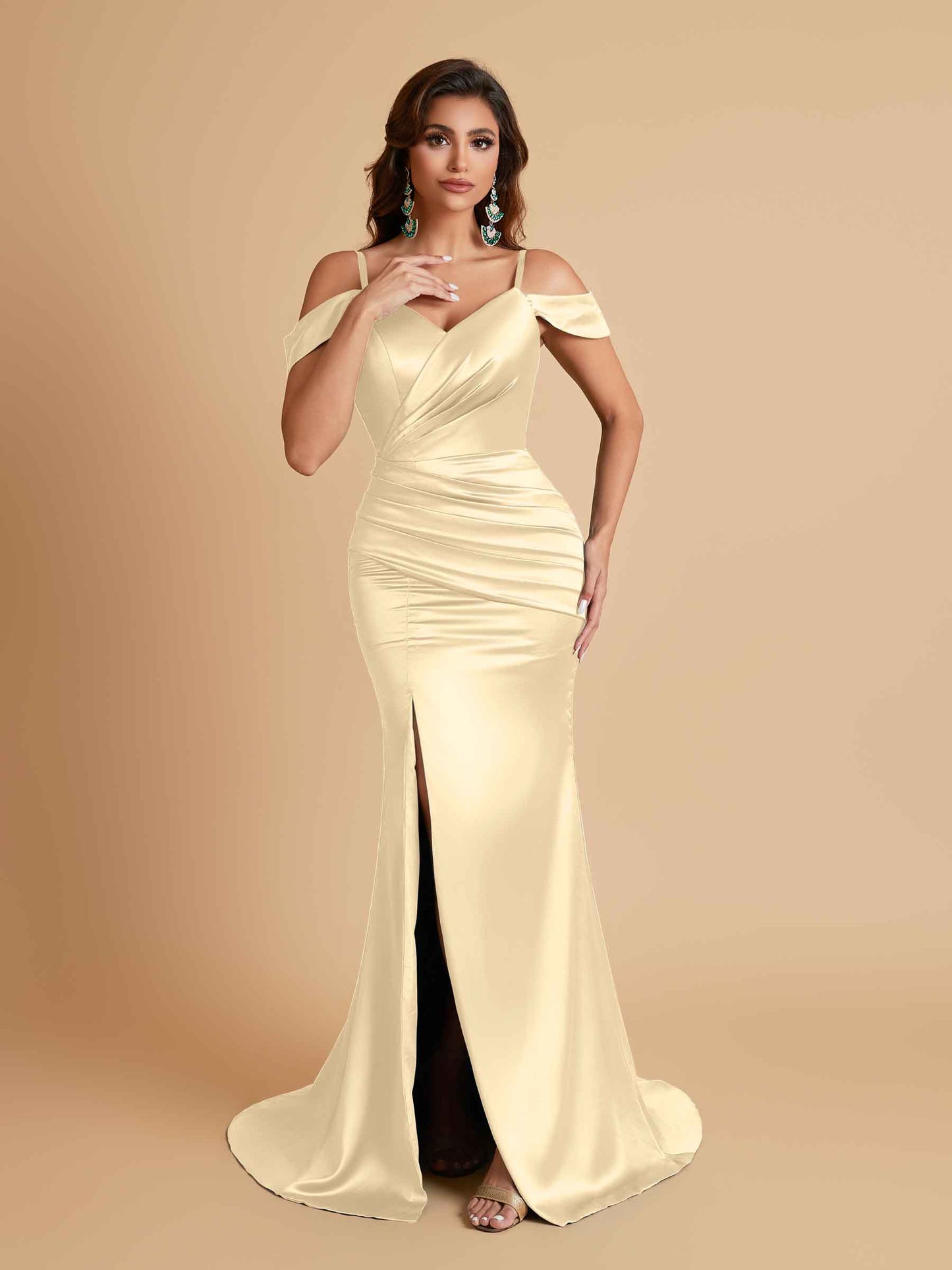 Sexy Soft Satin Mermaid Off Shoulder Side Slit Floor-Length Mermaid Bridesmaid Dresses