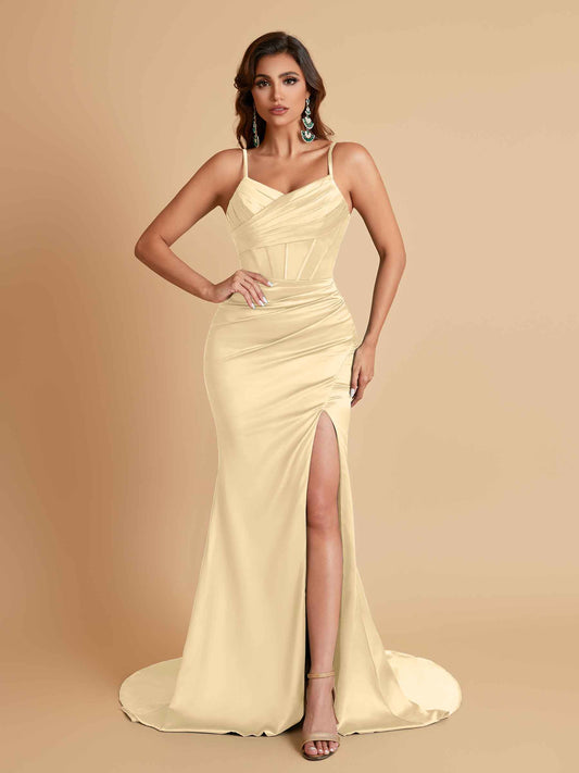 Sexy Spaghetti Straps V Neck Soft Satin Side Slit Floor-Length Mermaid Bridesmaid Dresses