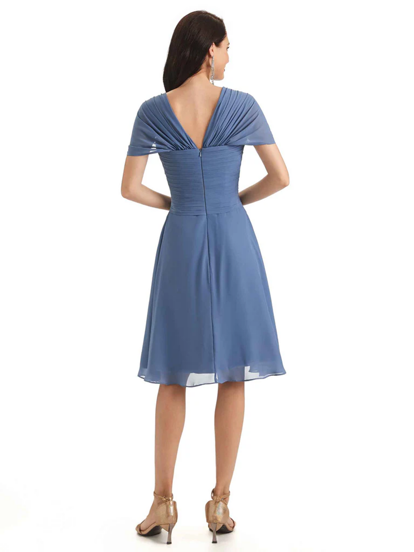 Mother of the Bride Dress Knee-Length V-Neck Chiffon Gown with Ruched Bodice