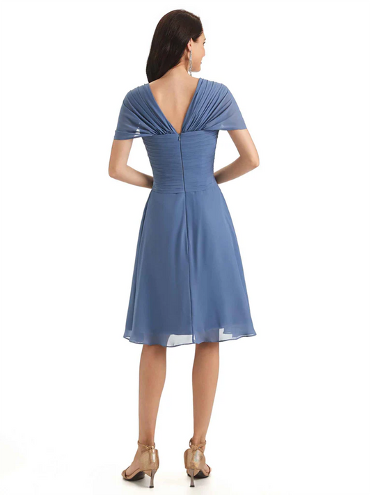 Mother of the Bride Dress Knee-Length V-Neck Chiffon Gown with Ruched Bodice