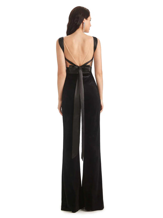 Mother of the Bride Jumpsuit Plunging V-Neck Velvet Wide-Leg Evening Outfit