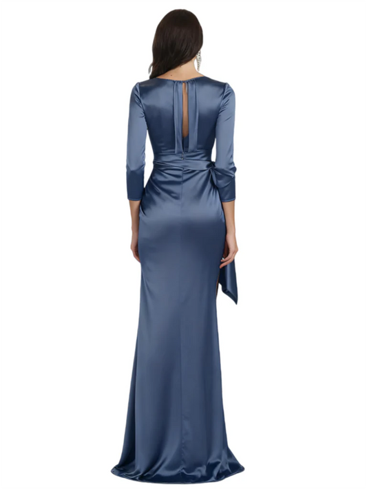 Elegant Evening Gowns Slit Trending Styles Satin Slit Formal Dress Cowl Neckline Gown Tie