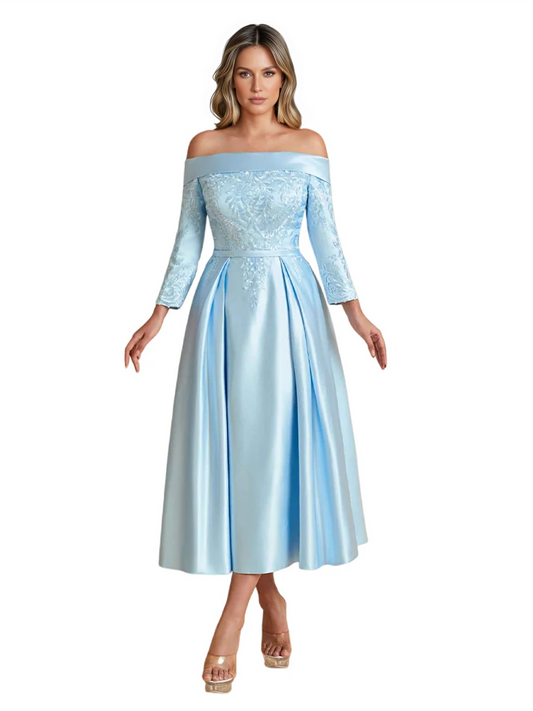 Off Shoulder Mother of the Bride Dress Tea-Length Satin Gown with Lace Applique