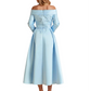 Off Shoulder Mother of the Bride Dress Tea-Length Satin Gown with Lace Applique