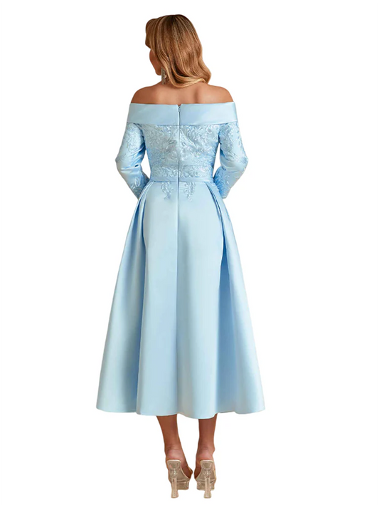 Off Shoulder Mother of the Bride Dress Tea-Length Satin Gown with Lace Applique