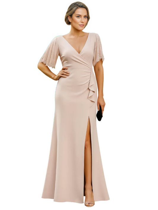 Elegant Evening Gown Trending V-Neck & Ruffle Detail Mother of Bride Outfits Slit