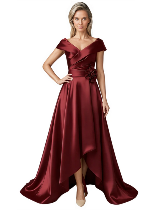 Off Shoulder Mother of the Bride Dress High-Low Satin Gown with Portrait Neckline
