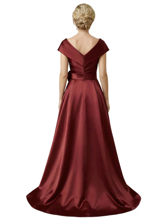 Off Shoulder Mother of the Bride Dress High-Low Satin Gown with Portrait Neckline