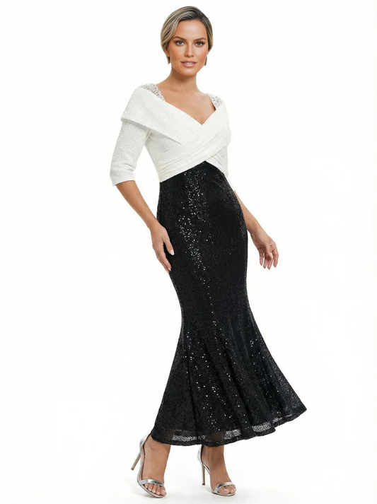 Classic Black and White Mother of the Bride Dress with Sequin Mermaid Skirt