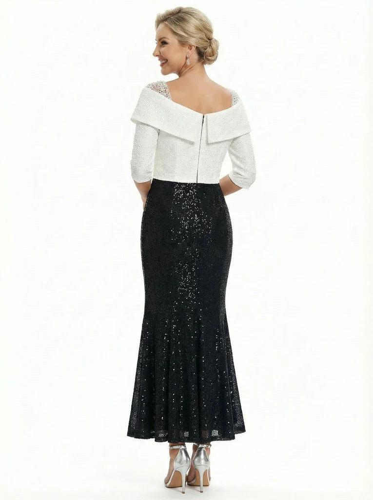 Classic Black and White Mother of the Bride Dress with Sequin Mermaid Skirt