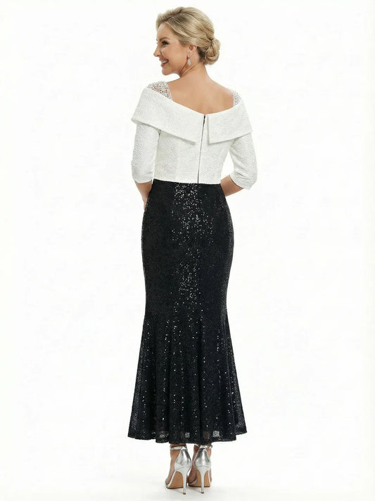 Classic Black and White Mother of the Bride Dress with Sequin Mermaid Skirt
