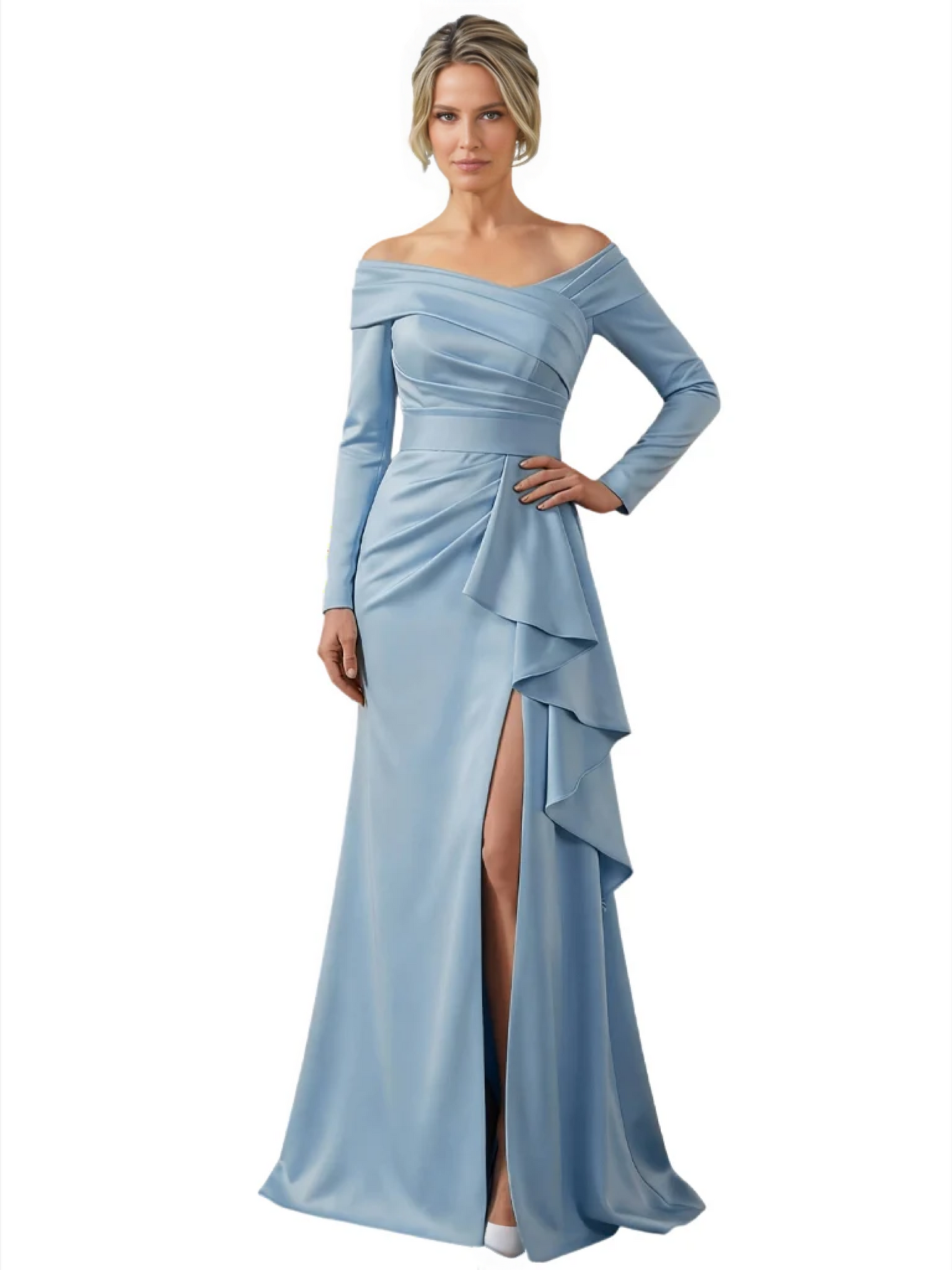 Elegant Mother of the Groom Dress Cascading Ruffle Satin Gown with High Slit Long Sleeves