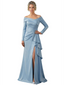 Elegant Mother of the Groom Dress Cascading Ruffle Satin Gown with High Slit Long Sleeves