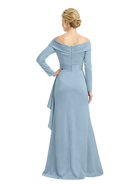 Elegant Mother of the Groom Dress Cascading Ruffle Satin Gown with High Slit Long Sleeves
