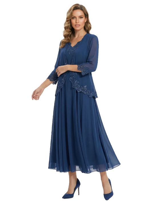 3/4 Sleeve Chiffon Mother of the Brides Dresses V-Neck Wedding Party Gowns
